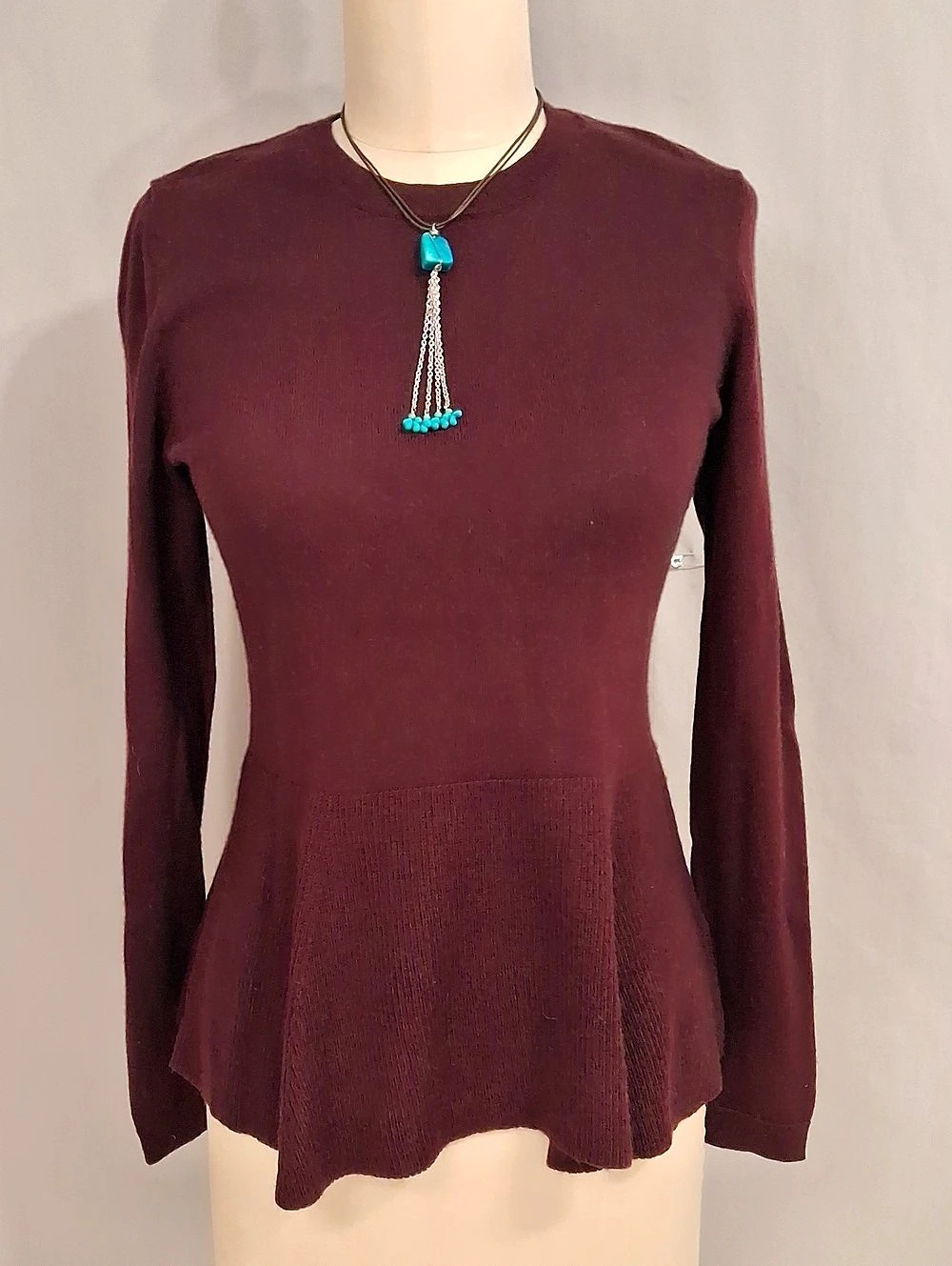 Nanette Lepore Merino Wool Peplum Soft Extra Fine Merino Wool Sweater Burgundy
